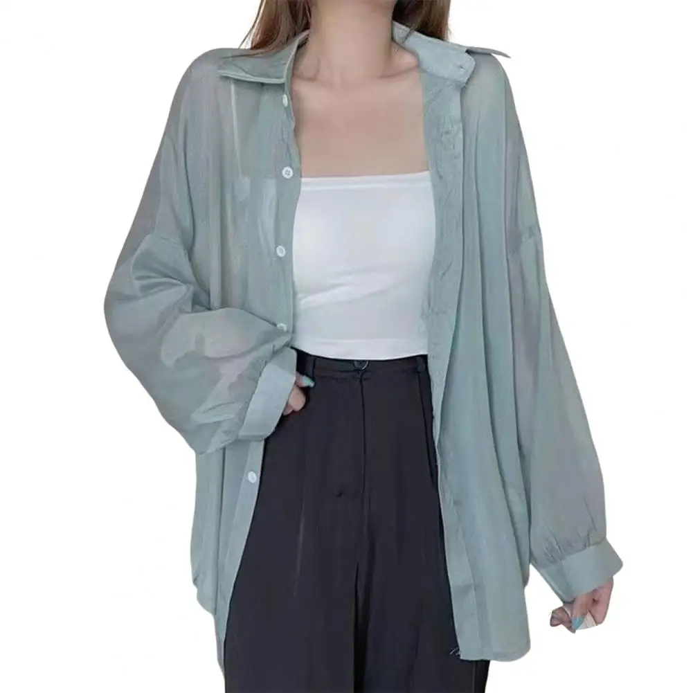 

Loose Shirt Women's Lapel Long Sleeve Shirt Glossy Fabric See-through Sunscreen Top for Comfortable Blouse