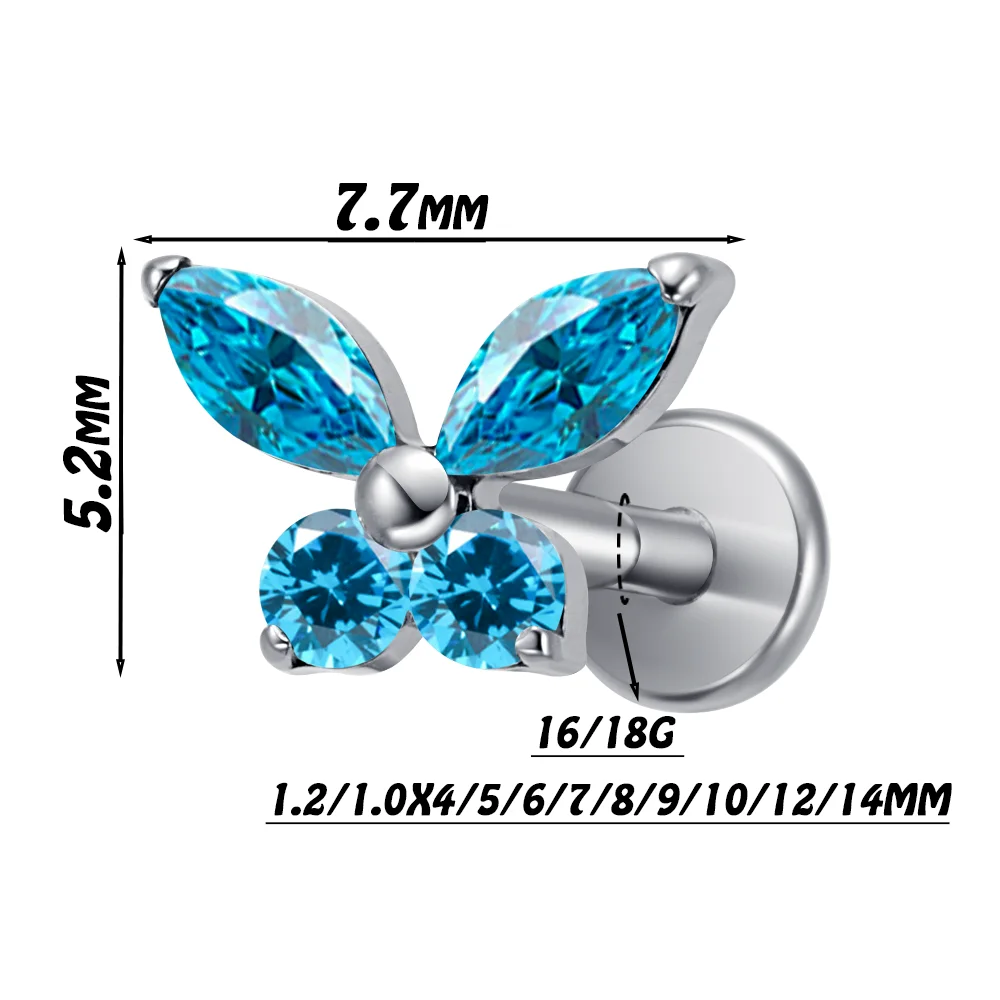 PUTITUP ASTM F136 Titanium Butterfly Zirconia Earrings Rock Punk Style Ear Bone Lip Stud Universal Body Piercing Jewellery