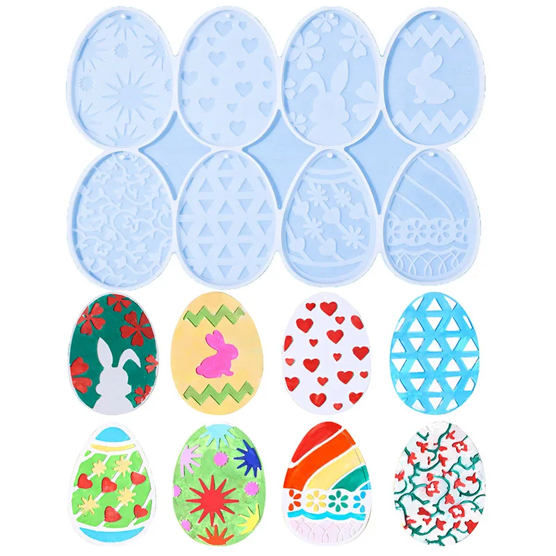 8 IN 1 Easter Egg Hanging Ornament Epoxy Resin Mold Easter Festival Party Decoration Gift Cartoon Egg Silicone Mold