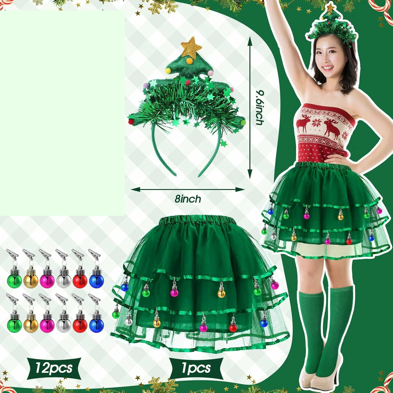 

Женские зеленые костюмы для рождественской елки, многослойная короткая юбка-пачка с рюшами и повязкой на голову и 12 мини-рождественских шаров