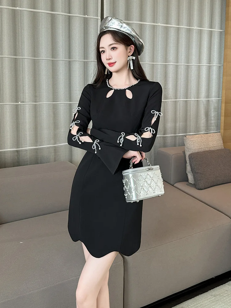 Thousand Gold Style Black Dress for Women, New Ladylike Elegant, Heavy Industry Diamond-Encrusted A-Line Little Black Skirt