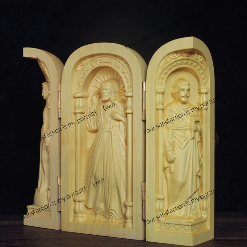 Christmas gift three open box craft ornament Virgin Joseph portable mini wood carving ornament