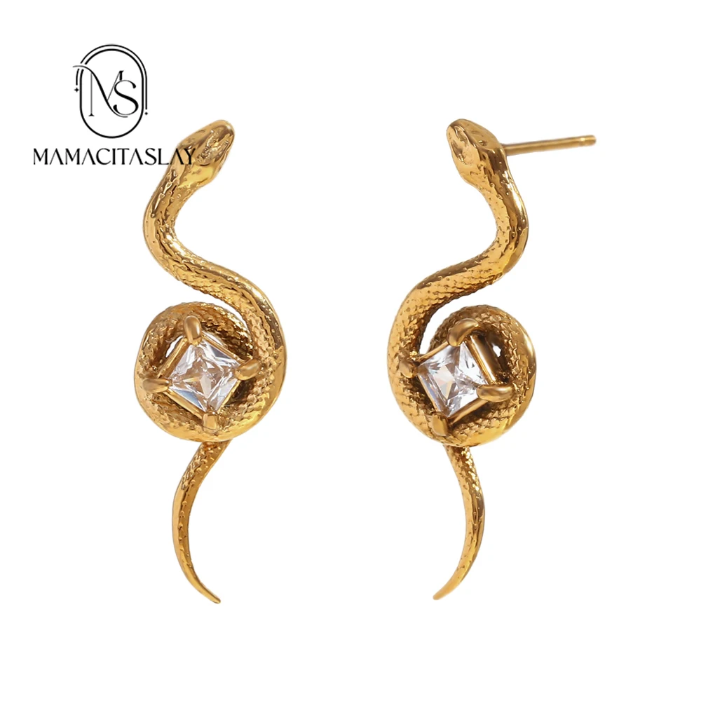 MamacitaSlay Stylish dish snake square zircon Stainless steel earrings woman gold plated jewelry women's accessories trend 2024