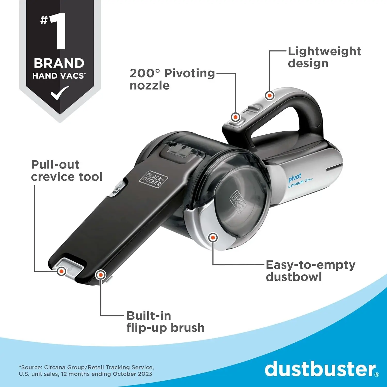 Dustbuster PIVOT VAC 무선 휴대용 진공청소기, 틈새 도구 및 피벗 노즐이 포함된 가정 및 차량용 진공청소기(BDH2000PL)