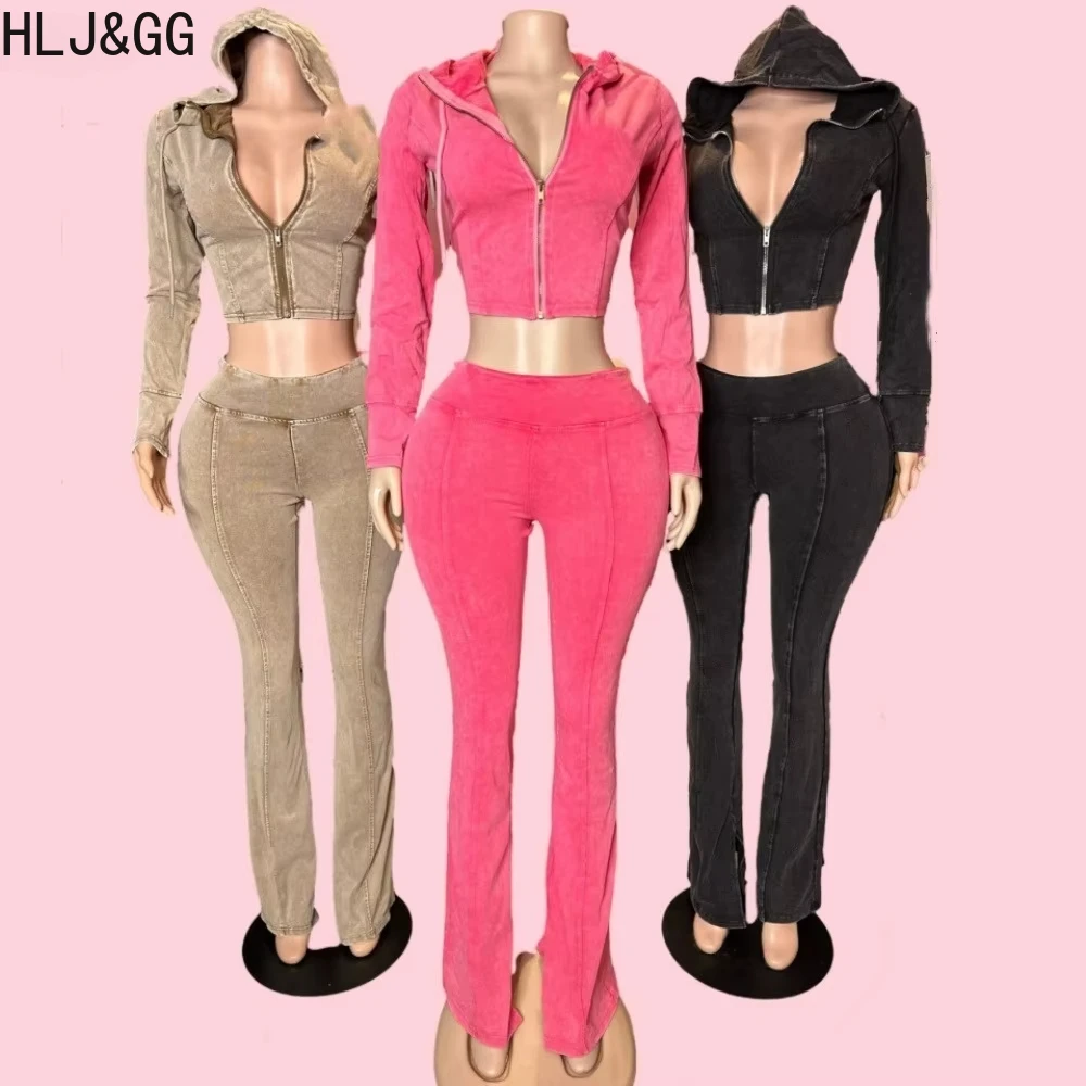 

HLJ&GG Spring New Solid Hooded Two Piece Sets Women Zip Long Sleeve Slim Crop Top And Skinny Pants Outfits Casual 2pcs Clothing