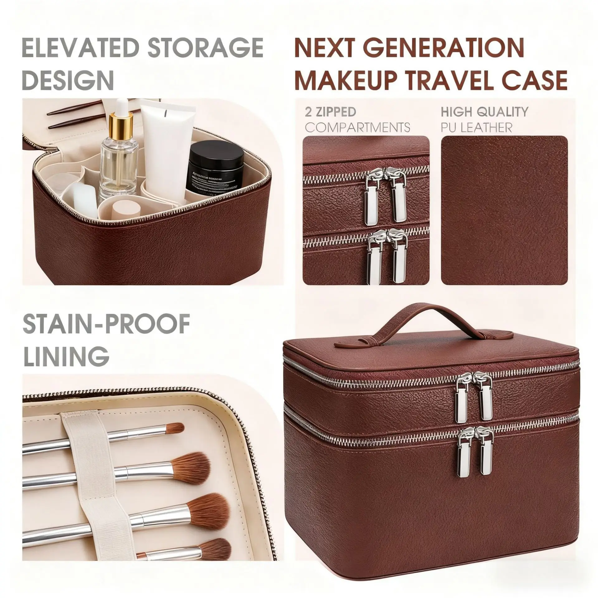 Large Capacity Double-layer Luxury Women's Cosmetic Bag for Travel Top Handle Portable Pu Leather Multi Partition Vanity Case