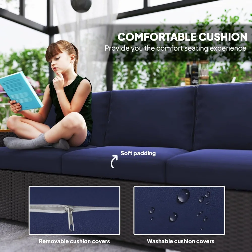 أريكة فناء خارجية بثلاثة مقاعد مع وسائد، أريكة من الخيزران من البولي إيثيلين مع مساند للذراعين واسعة من الخشب والحبوب، أريكة من الخيزران في الهواء الطلق للشرفة، G #4