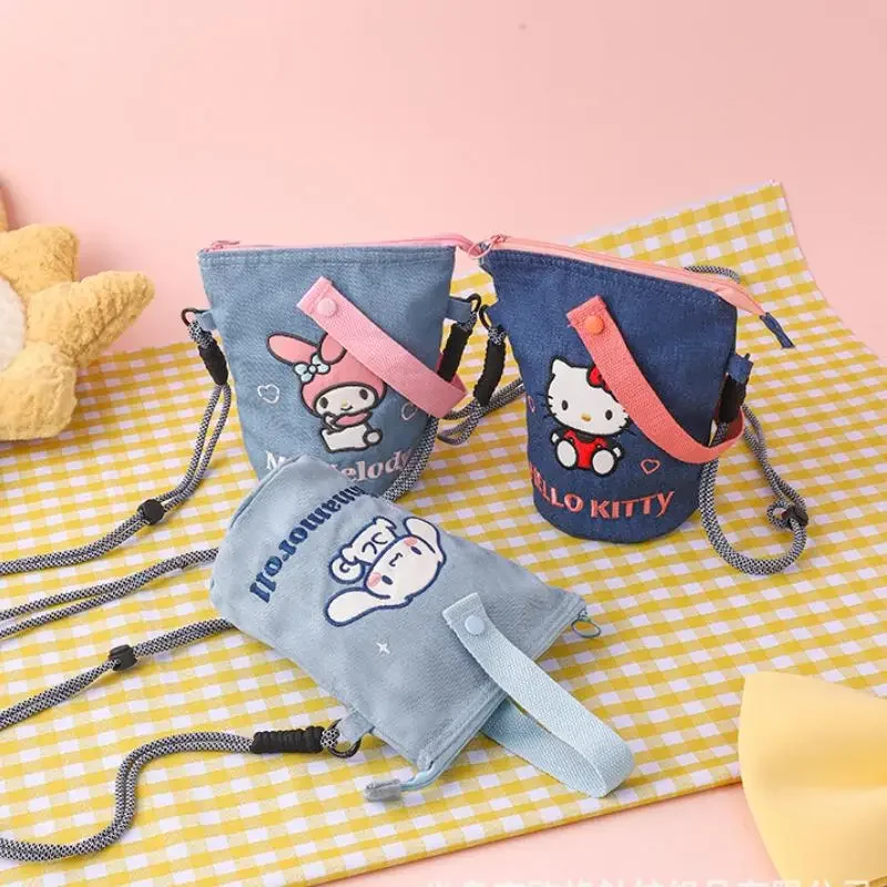 

Милая холщовая сумка Sanrios Hello Kitty Cinnamoroll My Melody, новый джинсовый стиль, сумка через плечо для прогулок с собакой, модная сумка для мобильного телефона