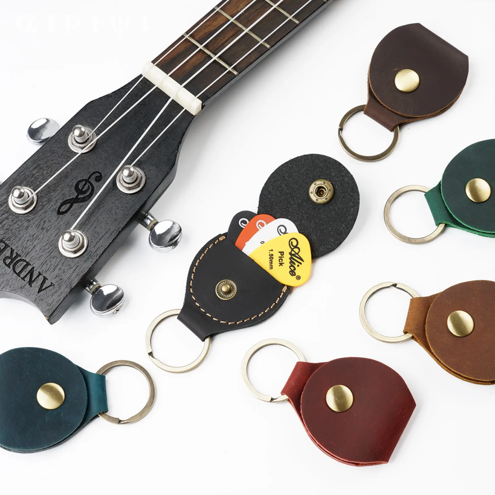Genuine Leather Guitar Picks Holder Case with Key Ring, Vintage Guitar Plectrums Organizer Case for Guitar Parts Accessories
