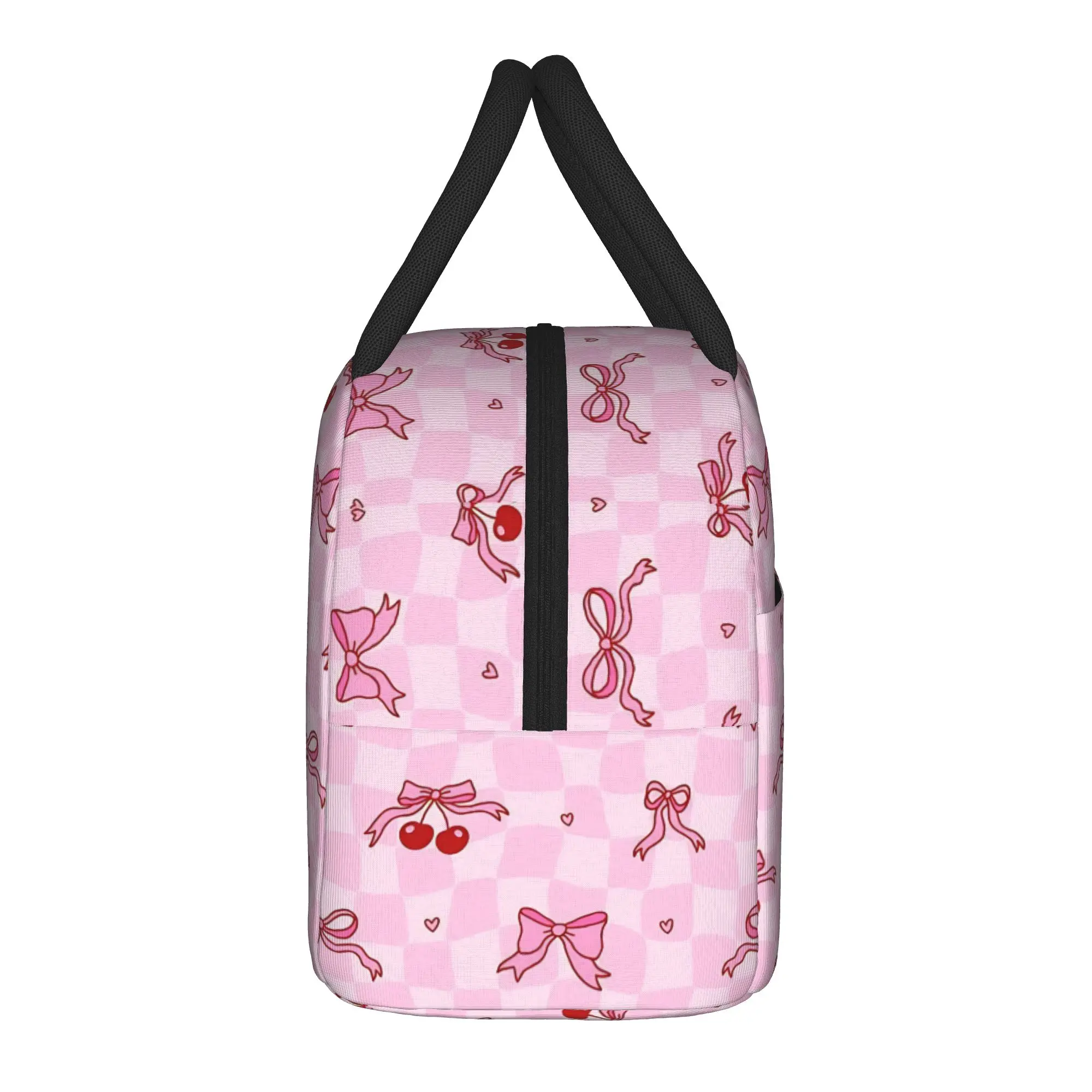 Cute Pink Checkered Insulated Lunch Bag High Capacity Pink Bow Cherry Pattern Reusable Thermal Bag Tote Lunch Box School Travel