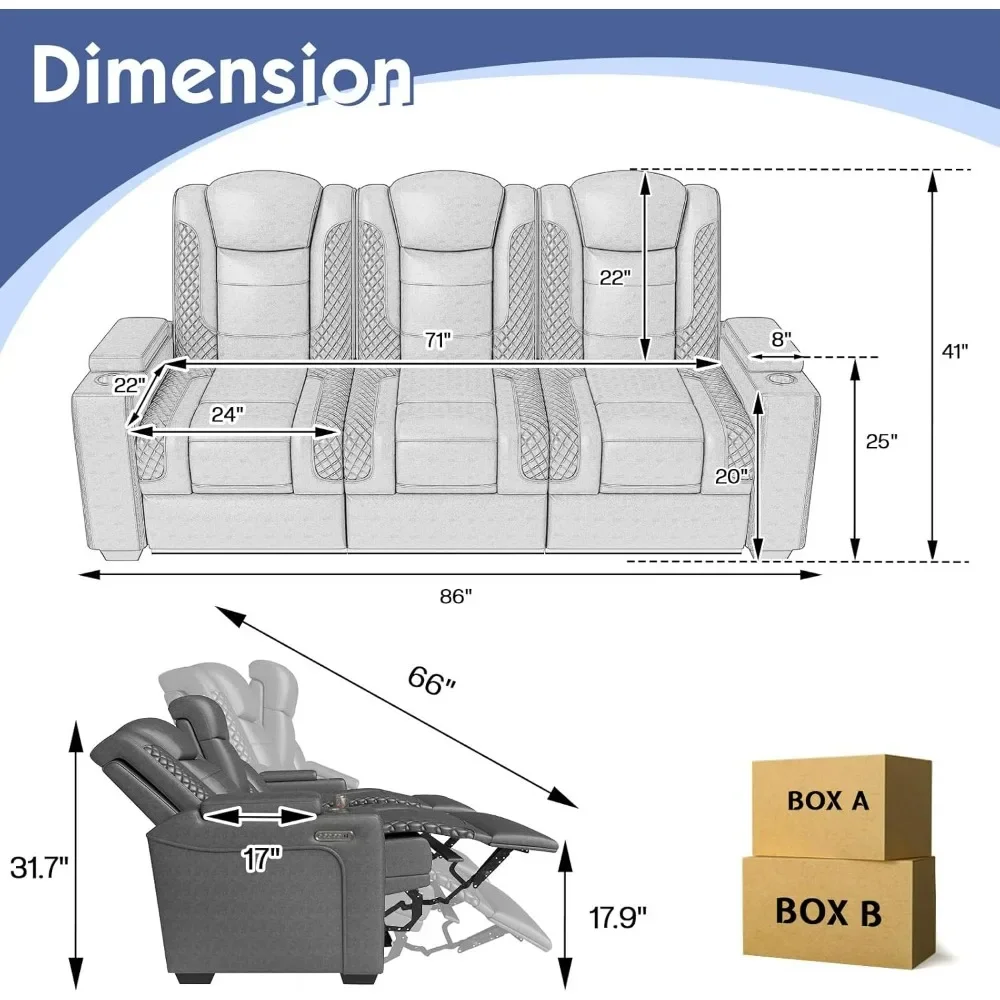 Home Theater Seating, Movie Loveseat Recliner Chair with USB Wireless Charging, 3 Seats Recliner Sofa w/Electric Headrest