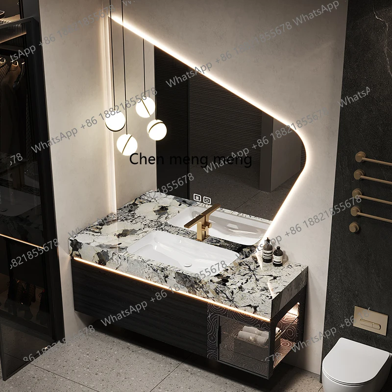 

Hotel style bathroom cabinet combination marble luxury stone seamless ceramic basin toilet washstand