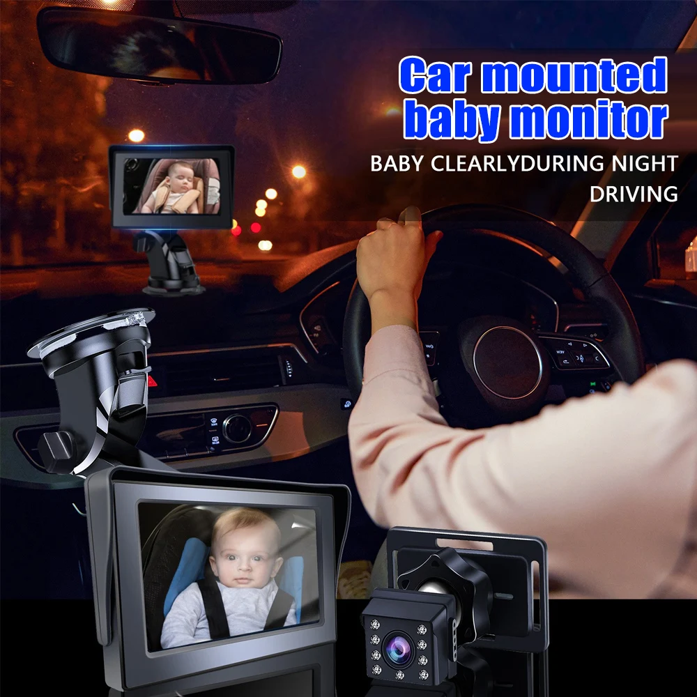 HD 1080P Car Baby Monitor Full Color Infrared Baby Monitor with Camera 4.3 Inch IPS Screen Night Vision for Baby Kids Pets
