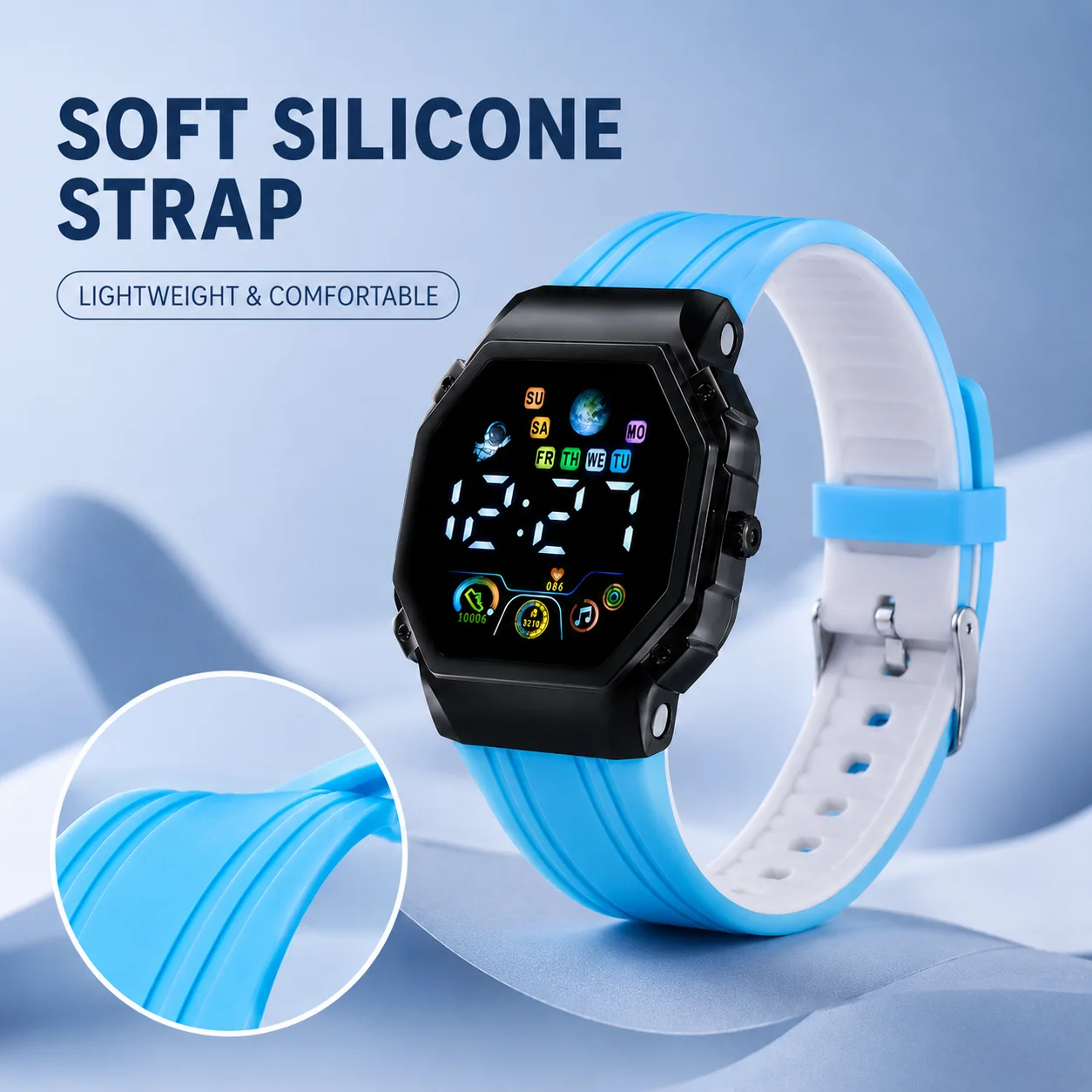 Unisex trendy casual LED digital electronic watch. It features a black three-dimensional square case, soft silicone strap