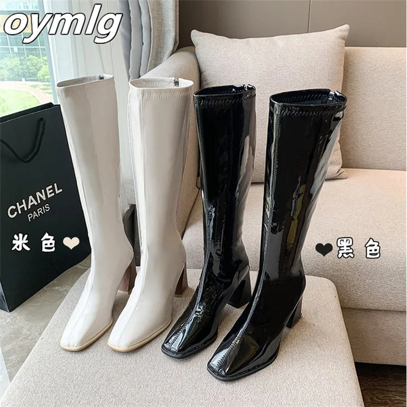 Long boots women\'s knee-high 2022new autumn and winter patent leather square-toe high boots rear zipper high-heeled knight boots