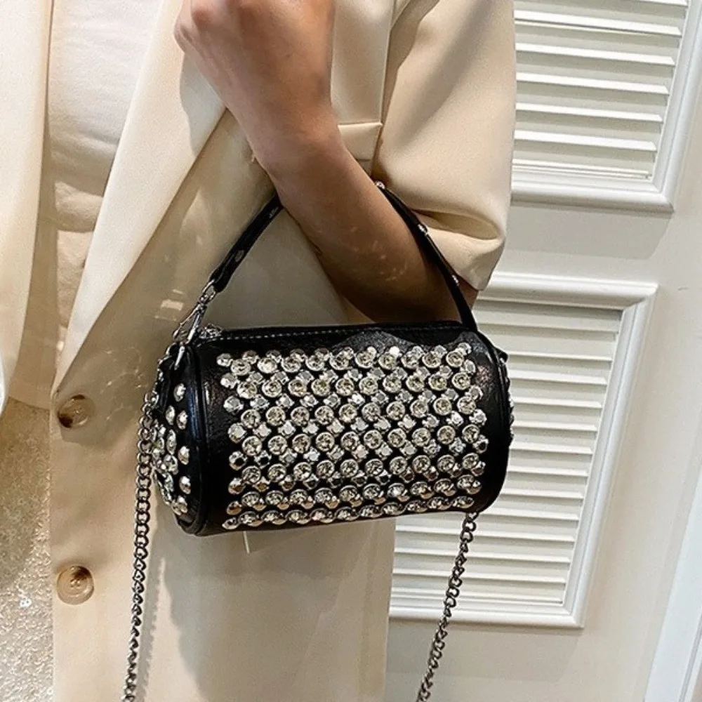 

Elegant Rhinestone Evening Bag Metal Rivet Studded Chain Crossbody Bag Multifunctional Chic Cylindrical Handbag Shopping