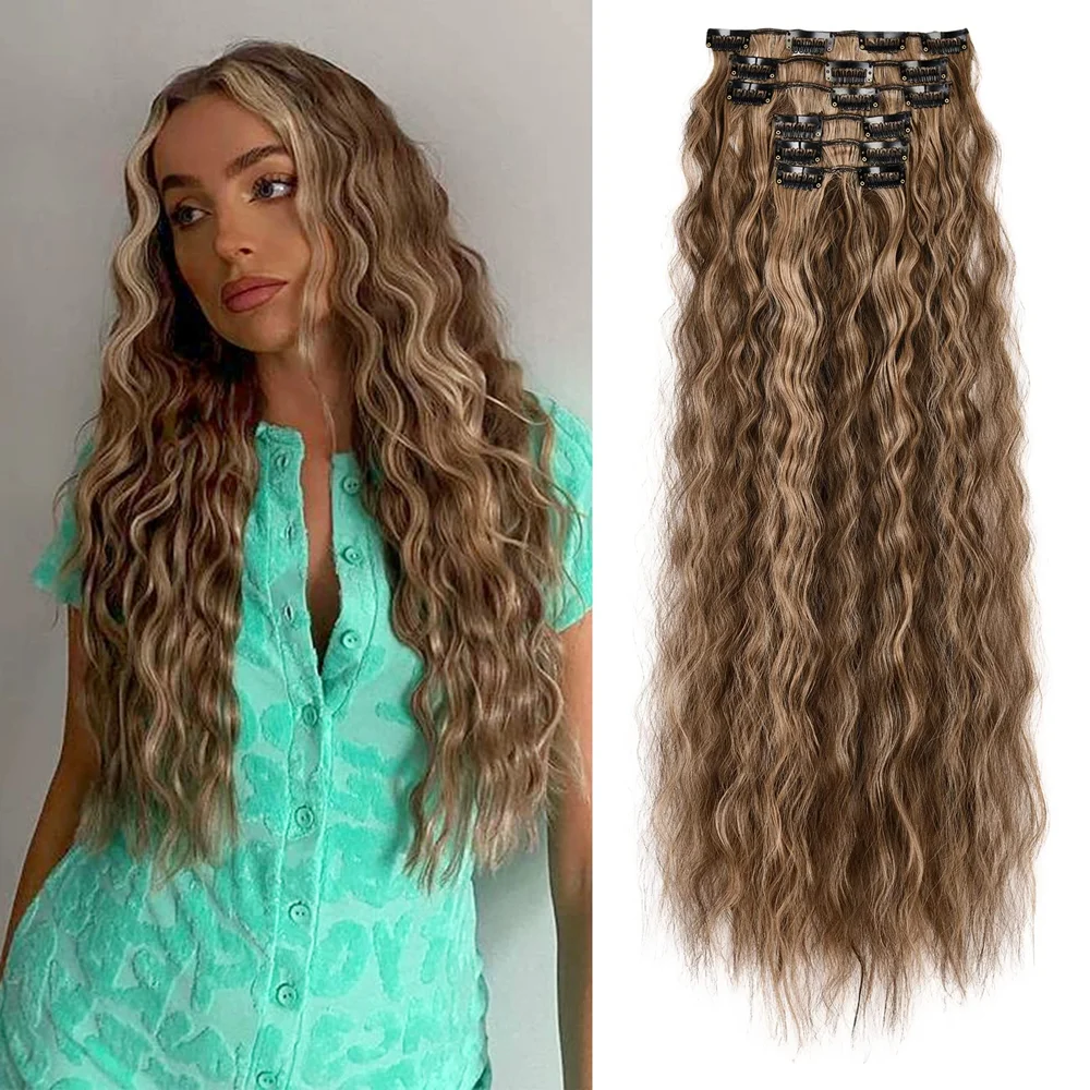 24 Inch Clip In Hair Extensions 6PCS Hair Extensions Long Water Wave Hair Full Head Synthetic Clip On Hairpiece For Women Girls