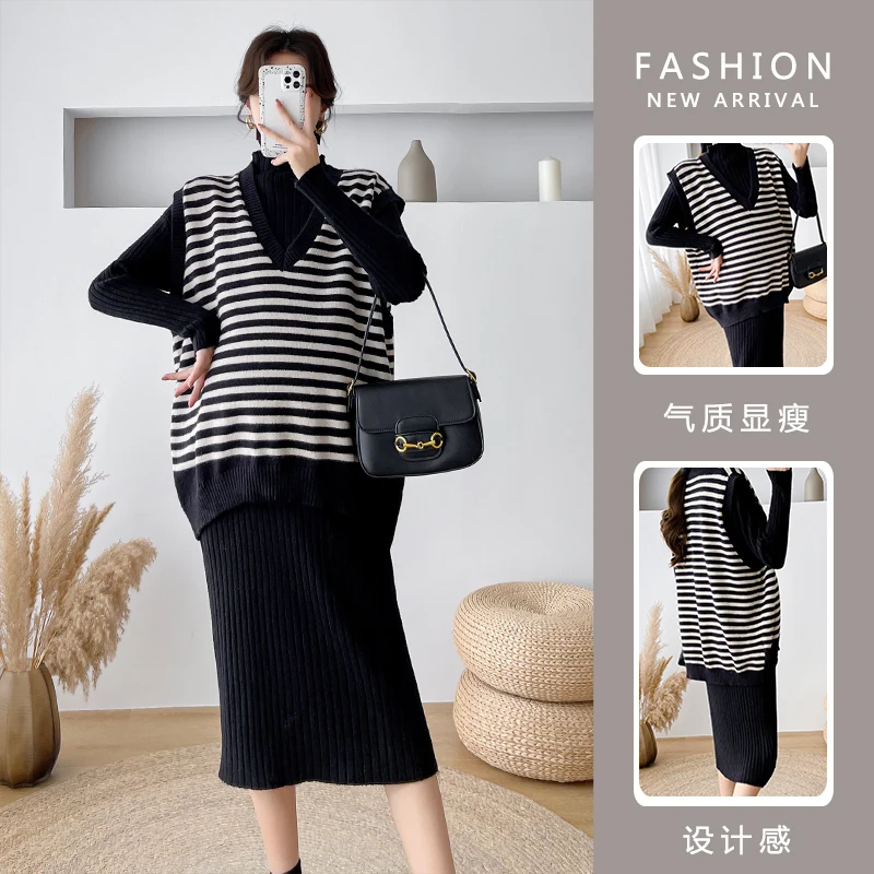 1897# Autumn Winter Maternity Long Sweaters Striped Vest Sets Thick Warm Dress Suits Clothes for Pregnant Women Pregnancy Wear