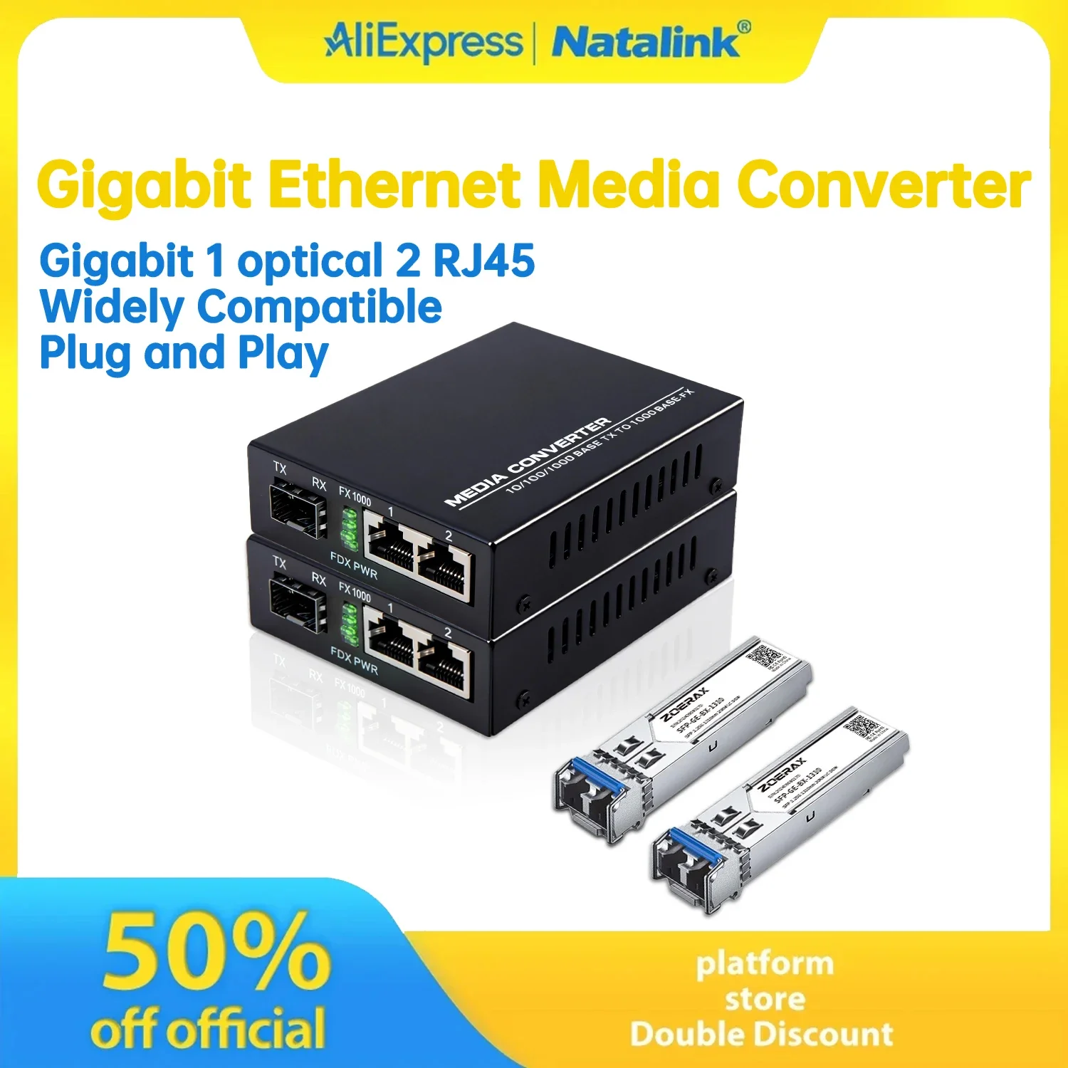 Natalink Gigabit Fiber Media Converter 1.25G SFP Module SingleMode LC Ethernet Transceiver with 1 Fiber Port 2 RJ45 Port