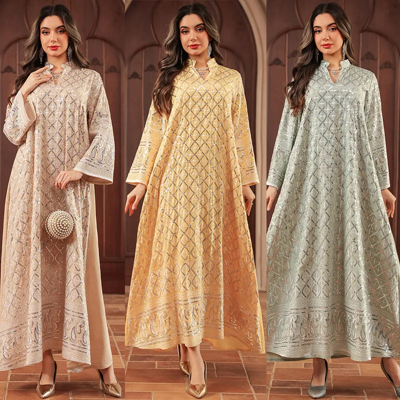 

Eid Dress Women Abaya Muslim Kaftan Ramadan Party Dresses Vestidos Morocco Dubai Jalabiya Embroidery Seuqins Arab Robe Spring