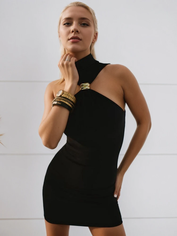 

Sexy Metal Buckle High Waist Slim Bodycon Dress Women Solid Color Off Shoulder Skinny Dress Elegant Club Party Vestidos