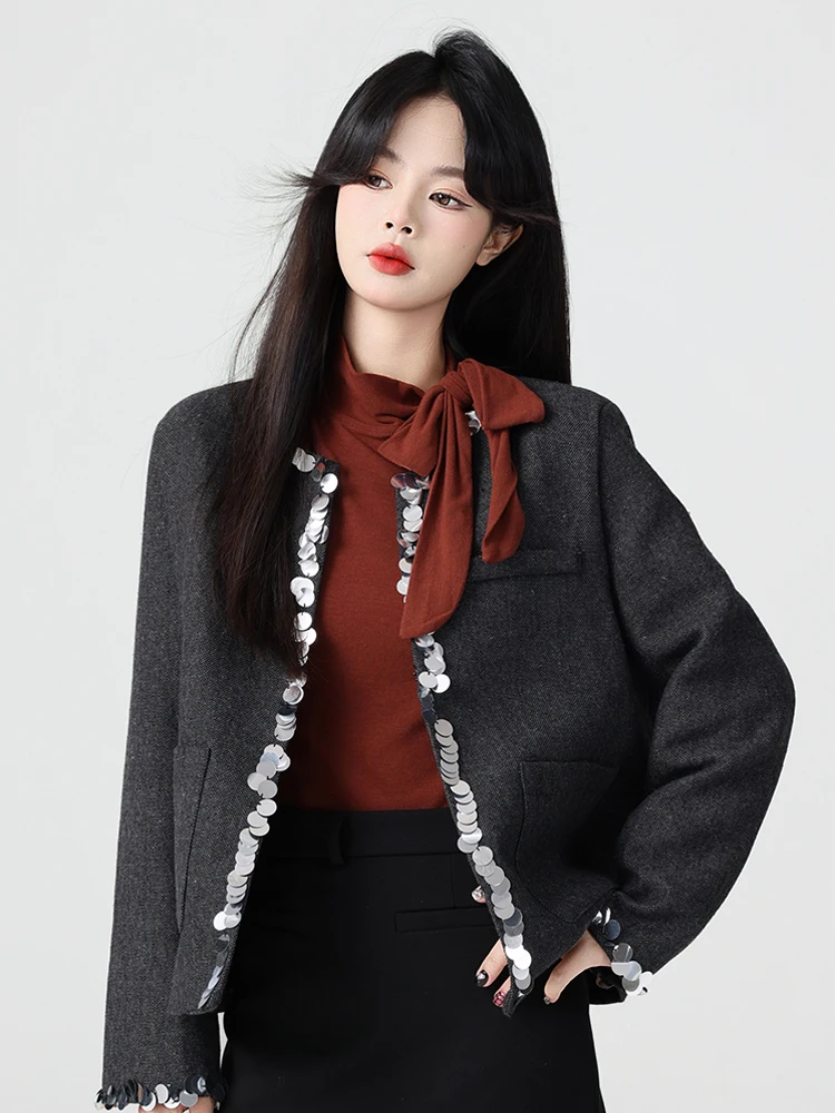 Luxe Lovertjes korte jas Vrouwen 2023 Nieuwe O-hals lange mouwen zakken jas Club kleding Lente Herfst Vintage INKEO 4O116