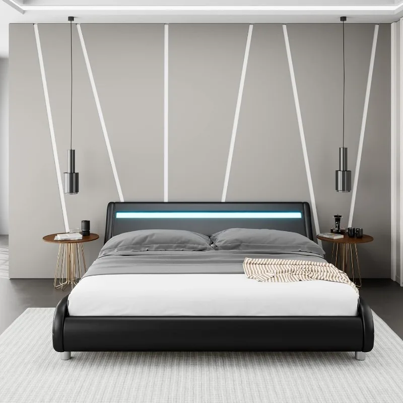 Upholstered Full LED Bed Frame with Headboard, Modern Low Profile Platform Bed with Strong Slats Support, Faux Leather Wave-Like