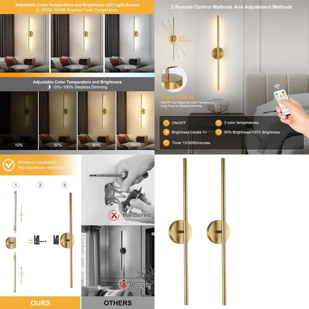 

Gold LED Wireless Wall Sconces Set, Rechargeable Battery-Powered, Remote-Controlled, 3 Color Modes, 28 for Home Decor