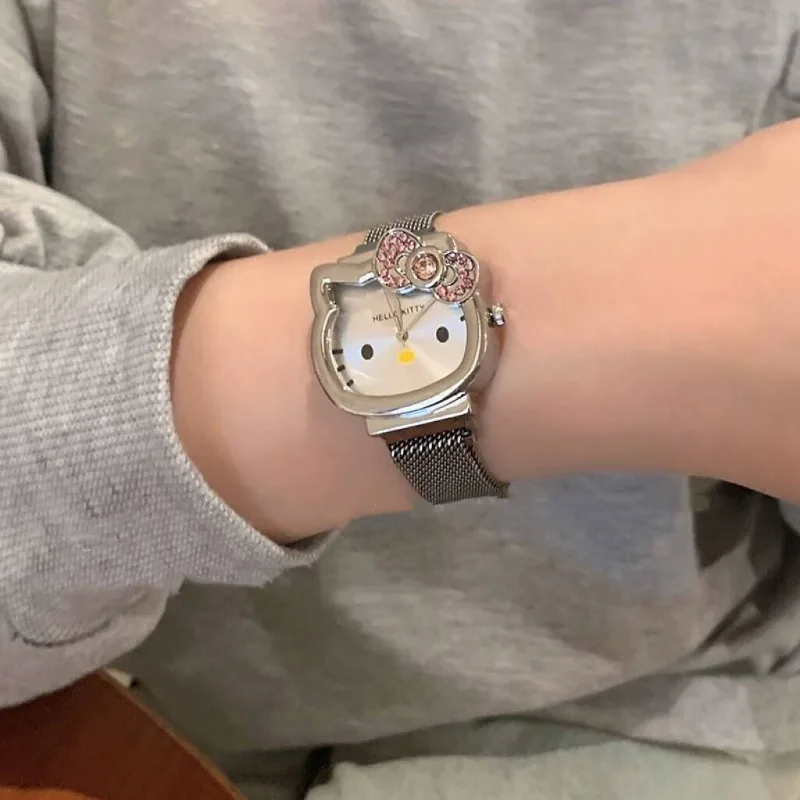 Kawaii Hello Kitty Bow Diamond Watch Sanrio Anime Fashionable Quartz Watches Cute Cartoon Magnet Watches Girls Birthday Gifts