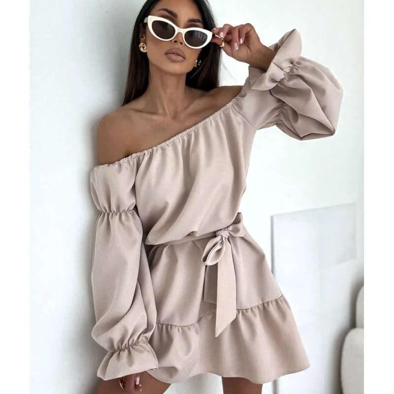 

Women's Sexy Off Shoulder Mini Dress 2025 Autumn New Long Sleeve Elegant Solid Daily Holiday Belt Slim Ruffles Dress Robe Femme