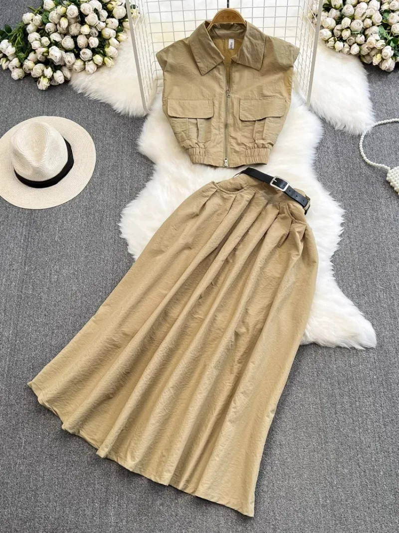 

Korean Trendy Set Women 2 Pieces Turn Down Collar Sleeveless Zipper Slim Shirt Suit+high Waist Belt Pleated Skirt Outfits Y2k