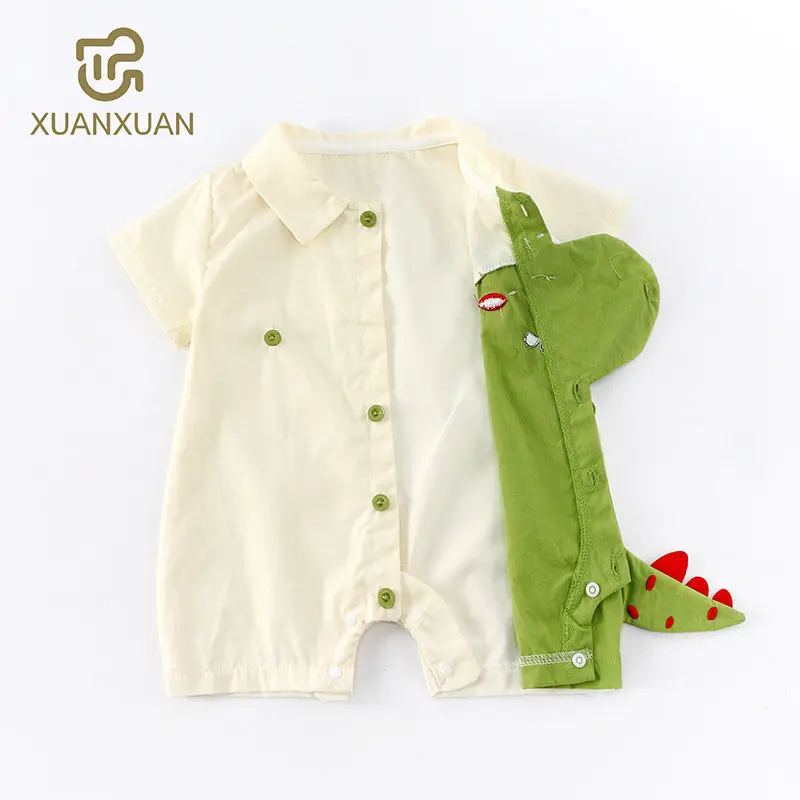 Baby Clothes Summer Thin Half-Sleeved Dinosaur Lapel Jumpsuit Pure Cotton Sweat-Absorbent Breathable Cartoon Romper for Boys and Girls