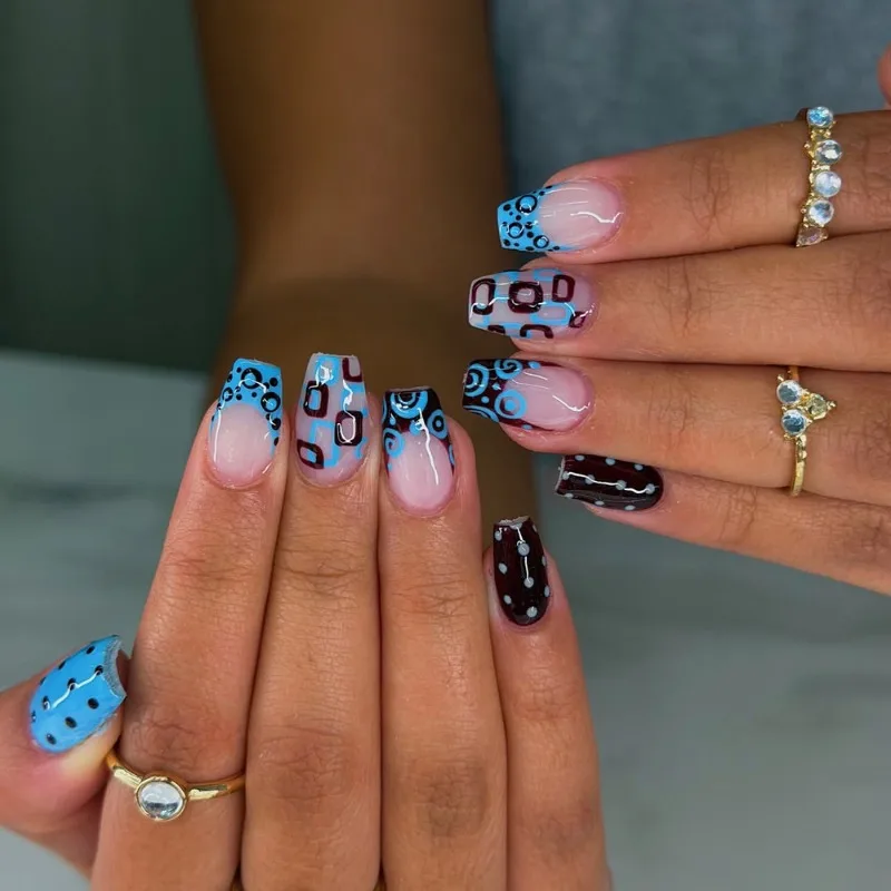 30pcs Press-on Nails with Geometric Designs Medium-to-long Rectangular Shape Blue-and-black Color-blocked Squares and Polka Dots