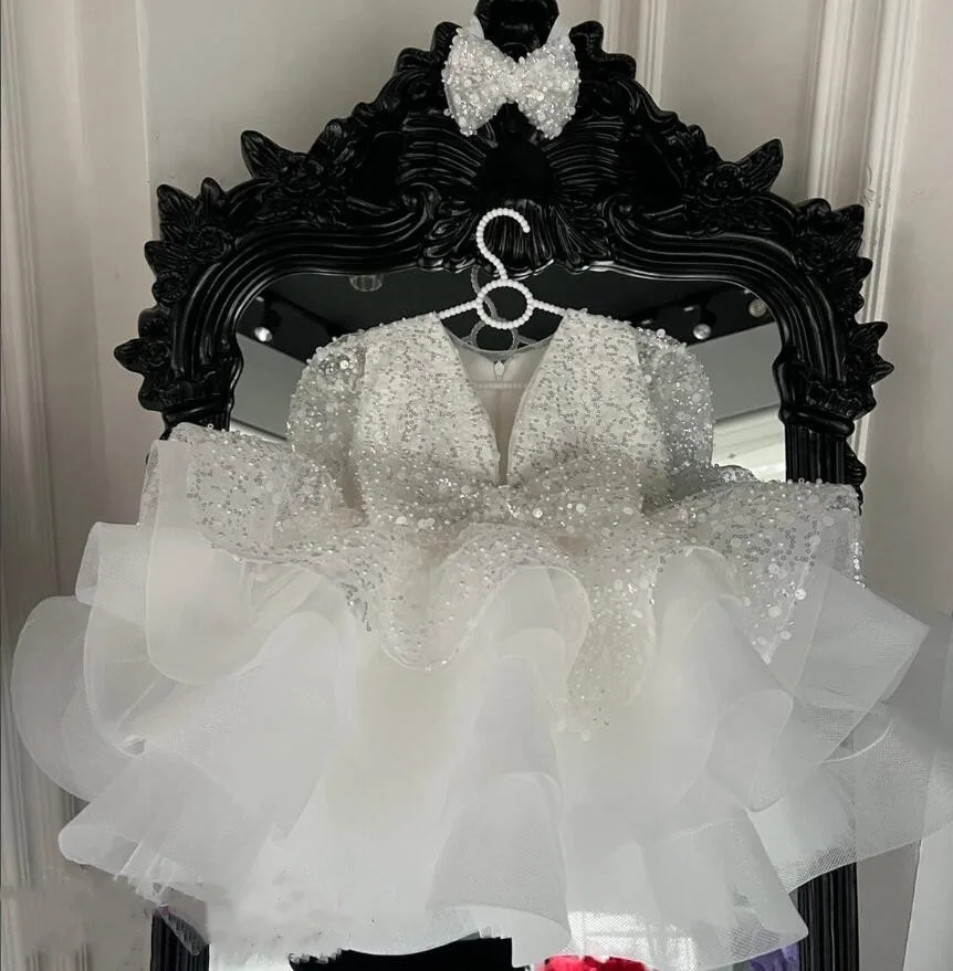 Fancy Fluffy Flower Girl Dress for Wedding Long Sleeves V Neck Tutu Outfit Baby Girl Birthday Dress Prom Gown Kid 12M 24M 4 6T