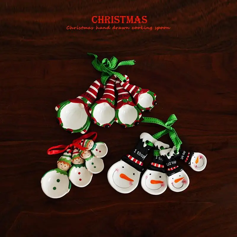 

Export a set of European hand-painted Christmas snowman, Christmas elf shaped ceramic spoons