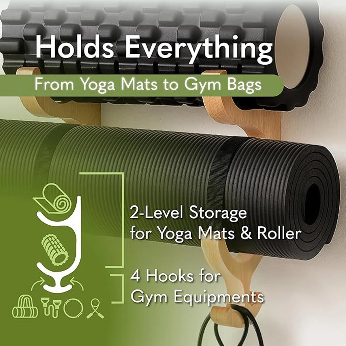 2piece Resistance Band Holder Wall Mount Declutter Gym Home With Wooden Yoga Mat Organizer Four Hooks For Vertical - view 5