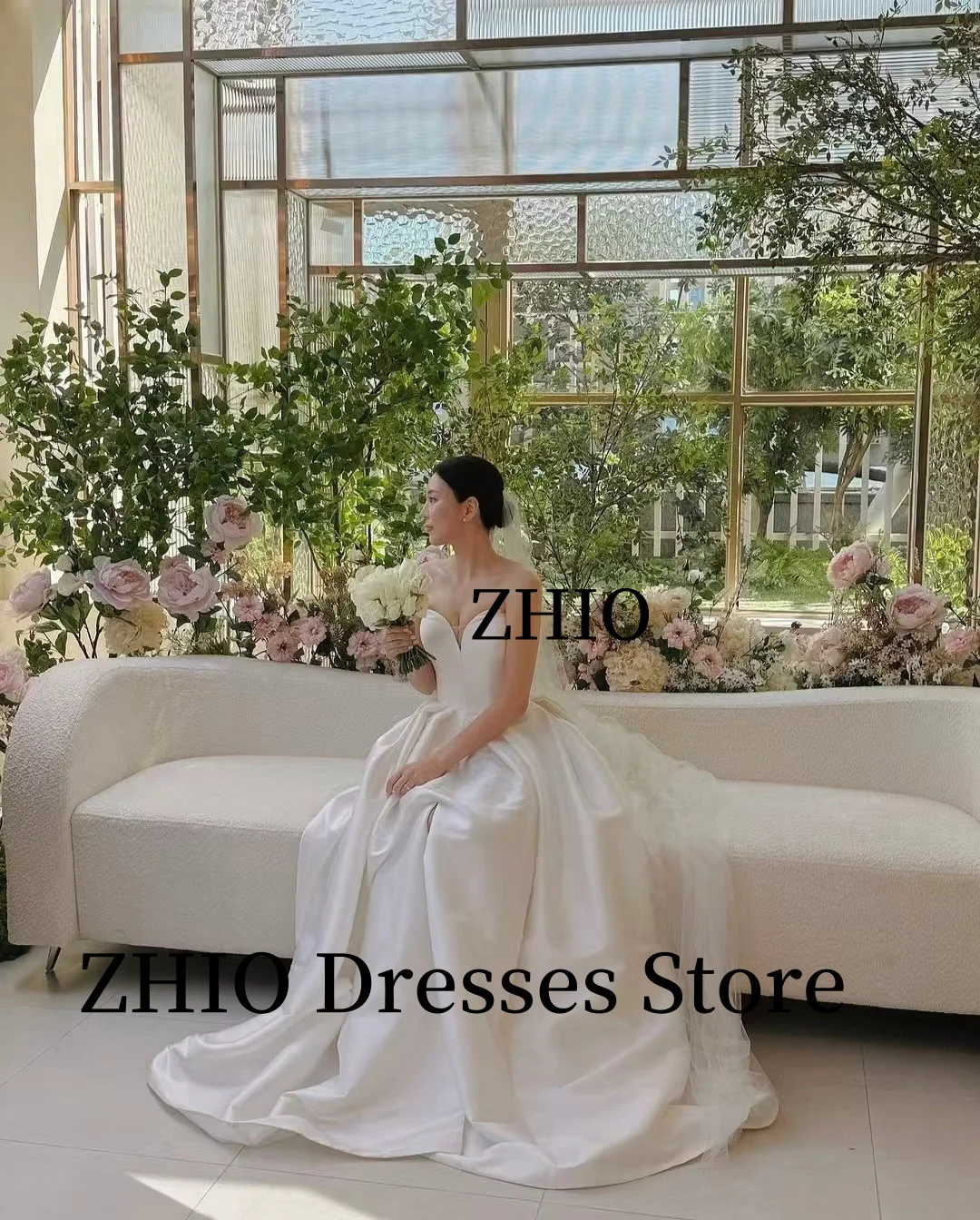 ZHIO Einfache Brautkleider, A-Linie, trägerlos, Satin, Korea, Fotoshooting, bodenlang, Brautkleider, Korsett, individuell anpassbar, elegant