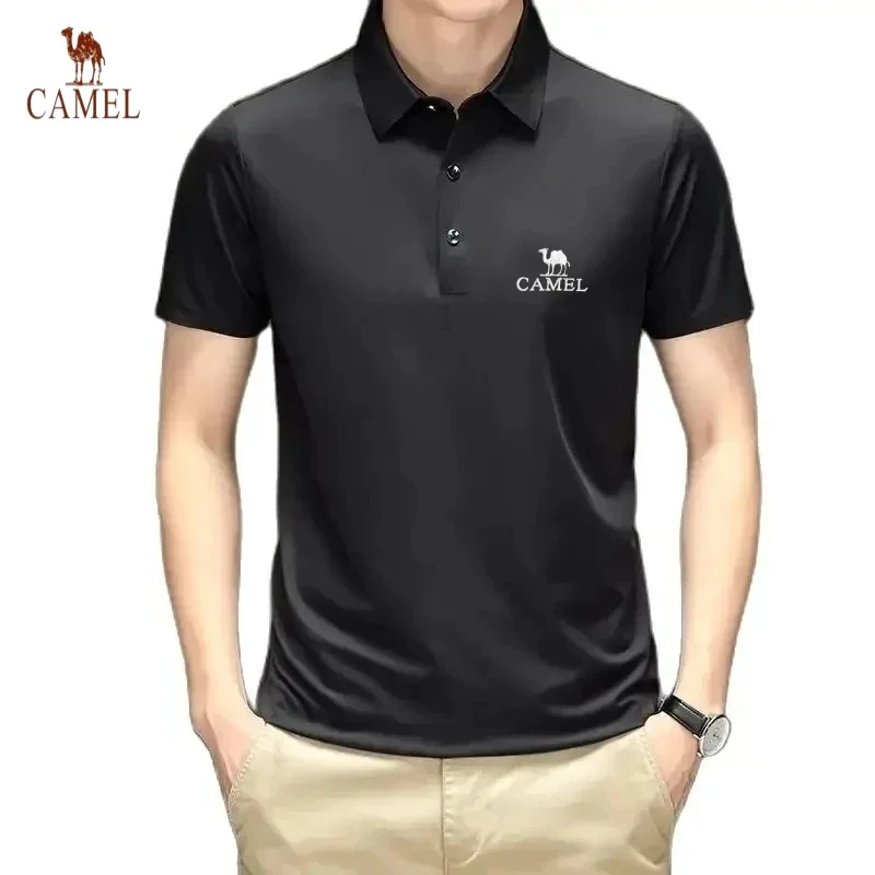 

New Embroidered CAMEL Silk Ice Cool Polo Shirt Summer Men's Fashion Business Leisure Smooth Breathable Short Sleeved T-shirt Top