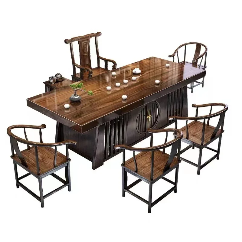 Combinación de mesa de té y silla de tablero grande de madera maciza, mesa de té y mesa de centro para oficina en casa, un juego completo