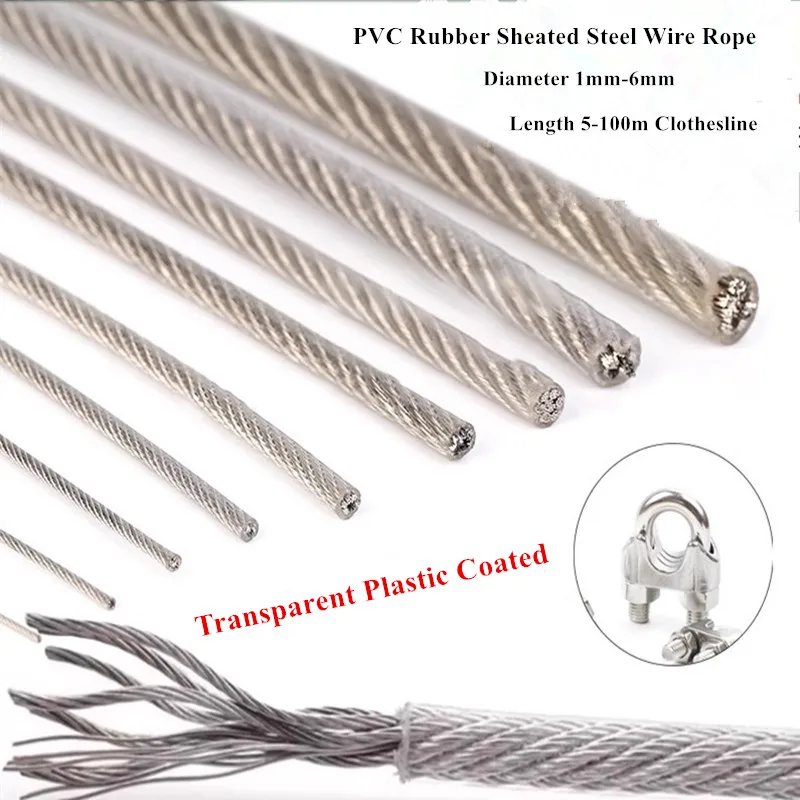 5-100 Meter Steel Pvc Coated Flexible Wire Rope Soft Cable Transparent Stainless Steel Clothesline Diameter 1/1.2/2/3/4/5/6mm