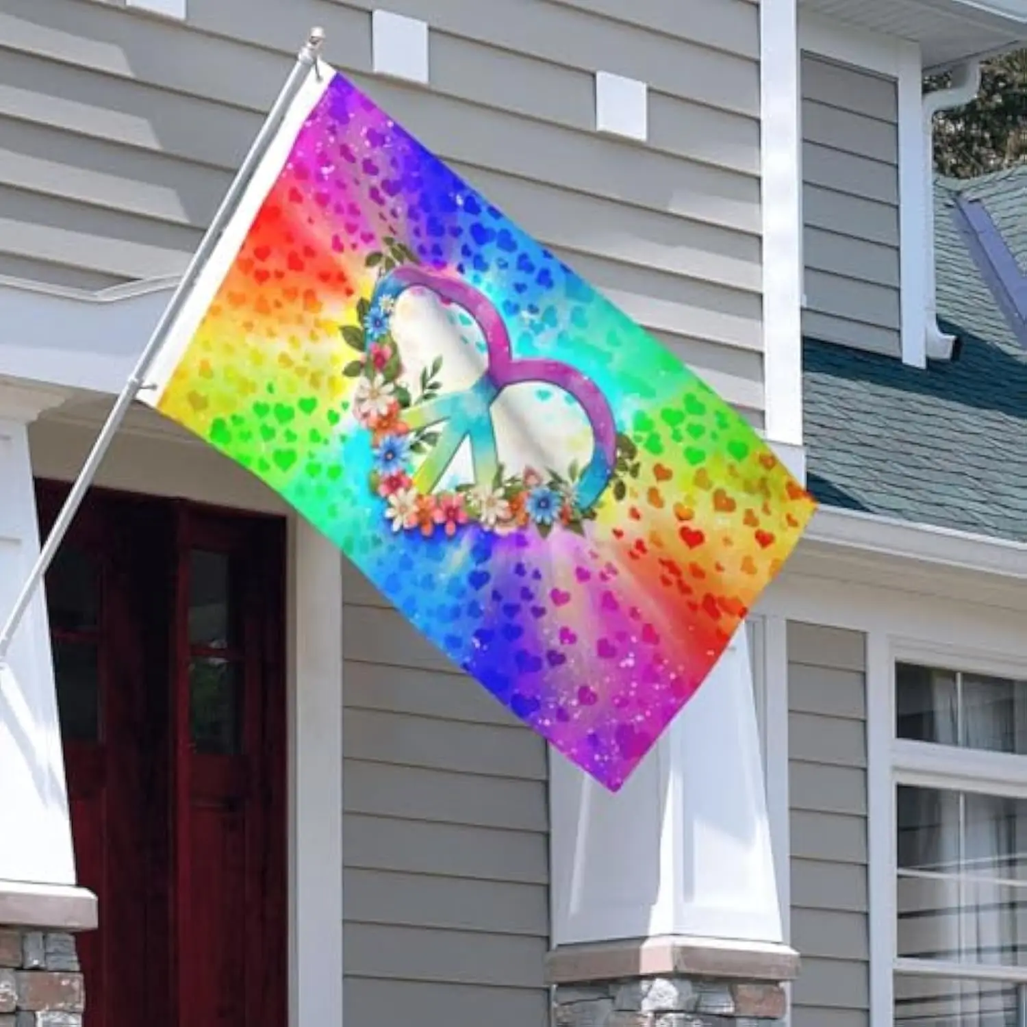 Peace Sign Heart Rainbow Tie Dye Flag Hippie Garden Banner Outdoor Decoration