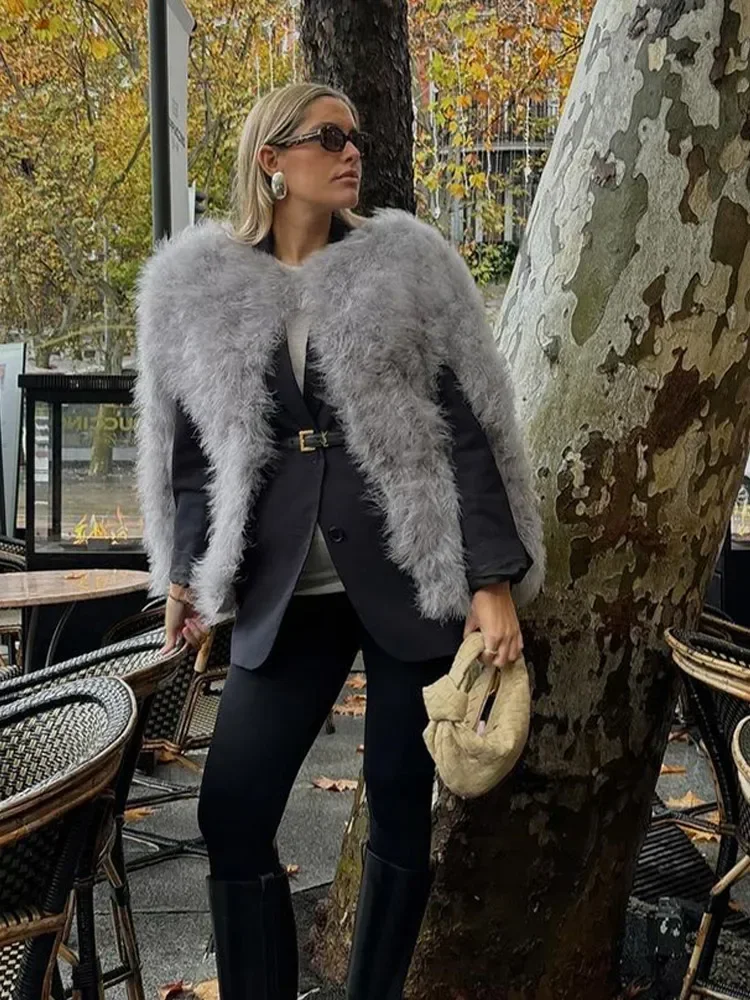 Winter Grey Round Neck Faux Fur Women's Coats Fashion Sleeveless Fluffy Thicken Warm Coat Split Short Jacket Lady Office Outwear