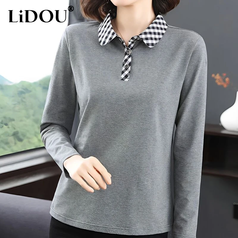 

2023 Spring Autumn New POLO Collar Long Sleeve Button T-Shirts Women Elegant Fashion Casual Loose Pure Cotton All-match Pullover