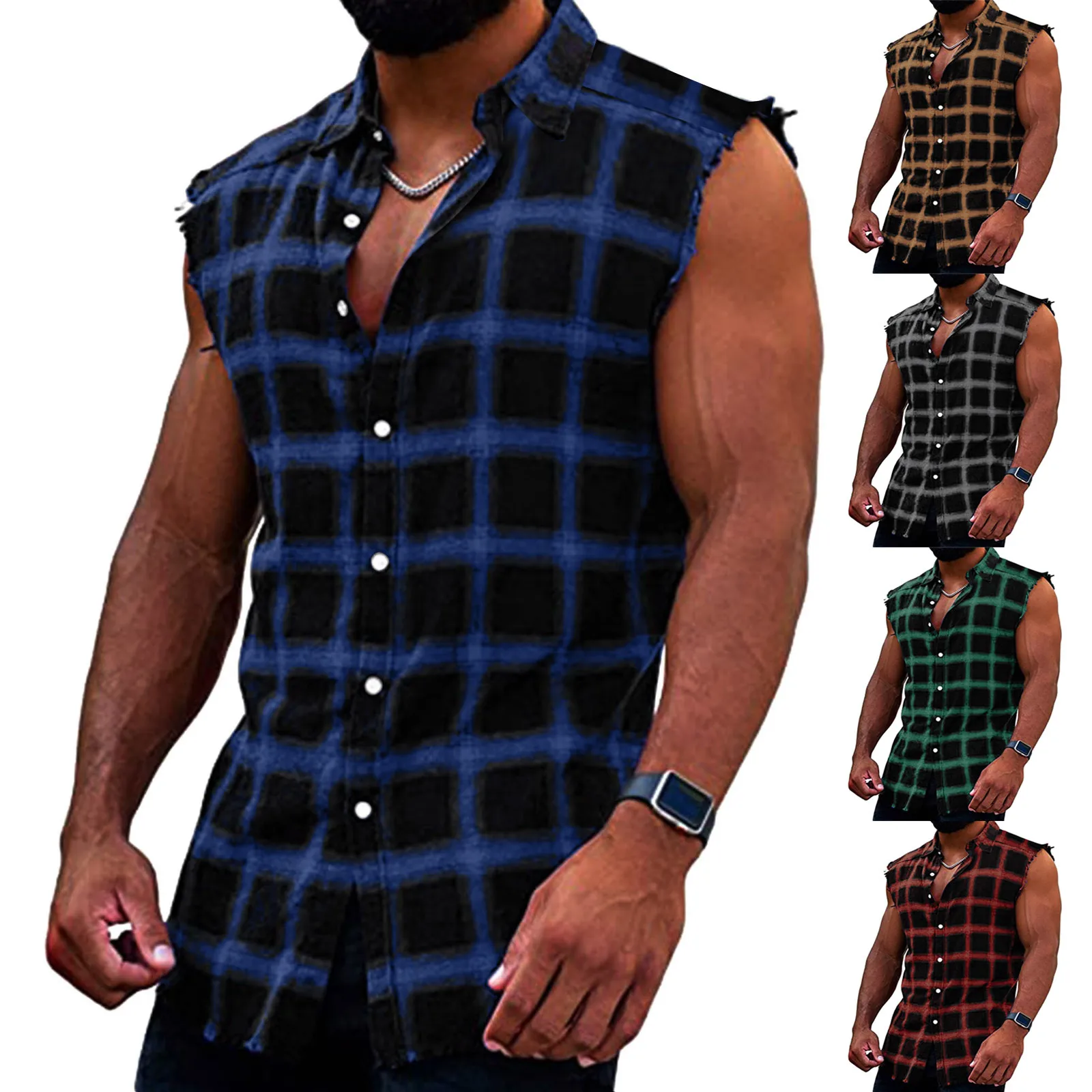 Men\'s Summer Fashion Casual Plaid Print Sleeveless T Shirt Vest Buckle Sanding 2024 Korean Style Mens Tank Tops Beach Vest