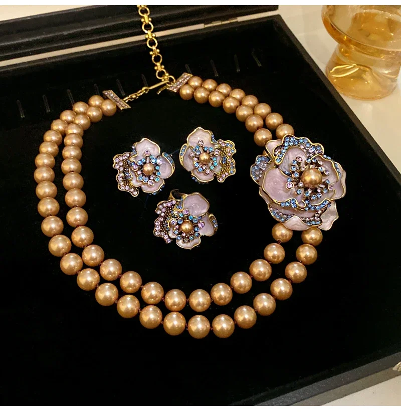 4 Pcs Vintage Pearl Necklace for Women Temperament Rhinestone Flower Chokers Necklaces 2024 New High-end Jewelry Sets Wholesale