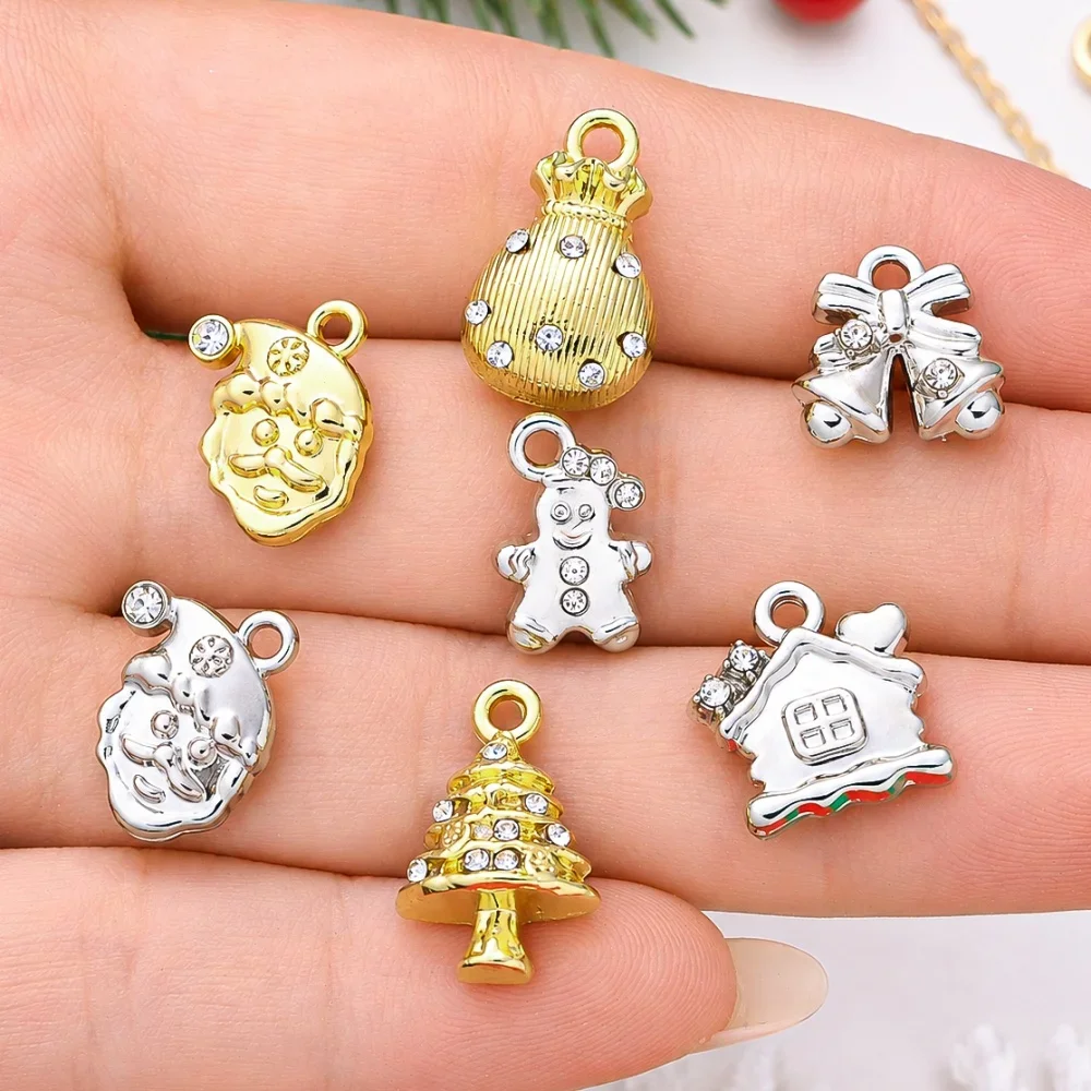 5/13/26Pcs Mixed Golden Silvery Christmas Alloy Charms Xmas Rhinestone Santa Bell Tree Pendants for DIY Bracelet Jewelry Making