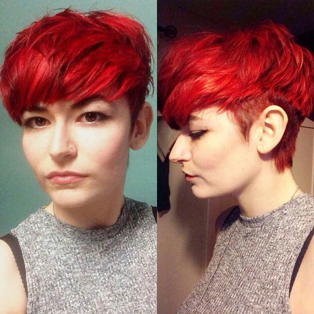 باروكات شعر بشري قصيرة بقص عابث، طبقات مجعدة مع غرة، شعر برازيلي أحمر اللون، شعر مستعار قصير مصنوع آليًا بالكامل للنساء #1