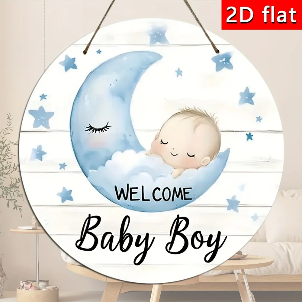 2D Flat Printing, One Round Wooden Sign 'Welcome Little Baby', Sleeping Baby And Moon Logo, Perfect for Baby Room, Bedroom Or Ho