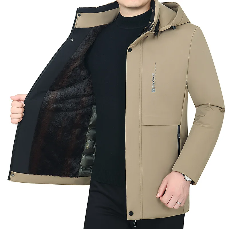Men's Winter Fleece Cotton-Padded Jacket Thickened Warm Business Outerwear Middle-Aged Trendy Clothing