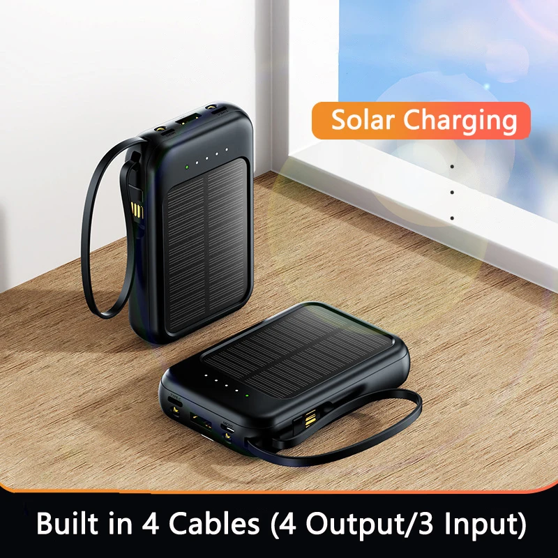 20000mAh Solar Power Bank with Four Wire Portable Fast Charger External Battery for iPhone Xiaomi Samsung Huawei Mini Powerbank